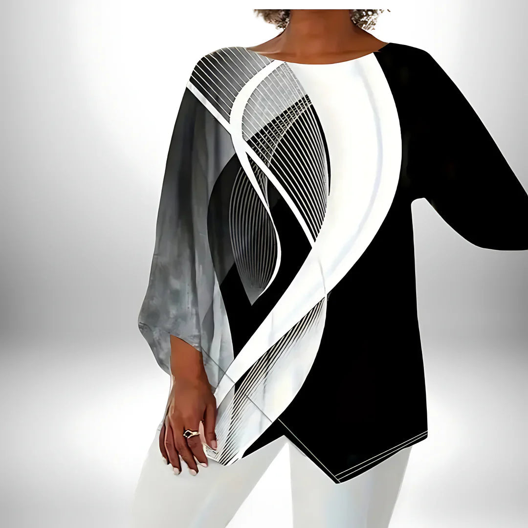 Dames Langarm Top Geometrisch Design Zwart-Wit 1