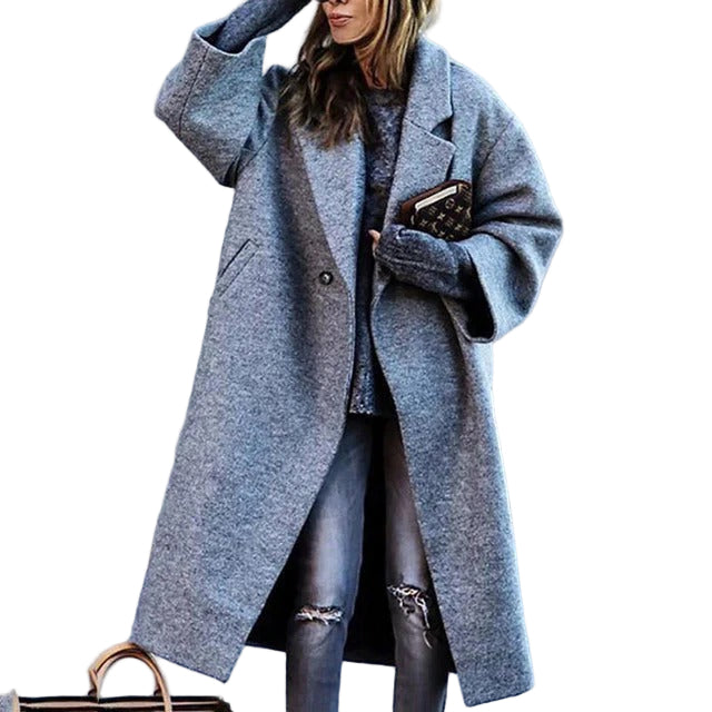 Dames Lange Jas Wolmix Oversized voor Herfst en Winter 0