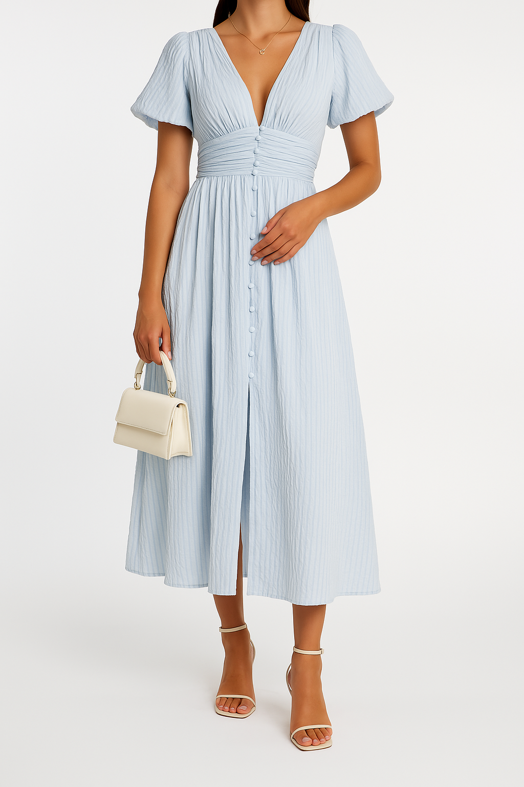 Dames Lange Zomerjurk V-hals met Puff Mouwen en Knoopsluiting 2