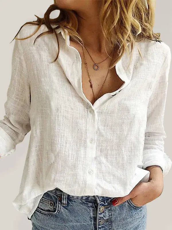 Dames Luchtige Lange Mouwen Linnen Shirt Casual 0