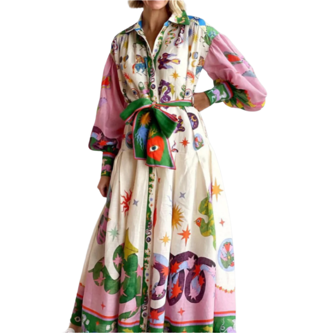 Dames Maxi Jurk Artistiek Print Viscose Met Ceintuur Lange Mouwen 0