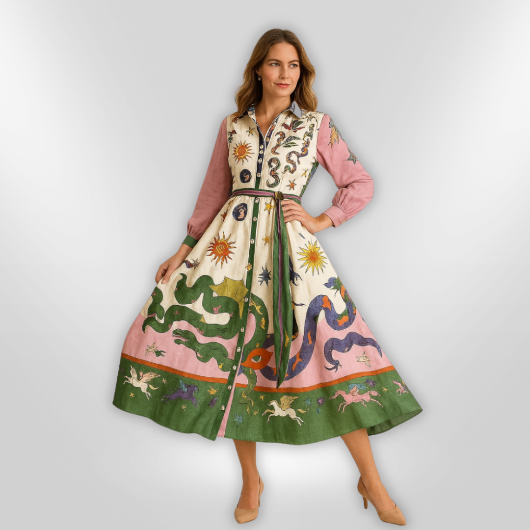Dames Maxi Jurk Artistiek Print Viscose Met Ceintuur Lange Mouwen 1