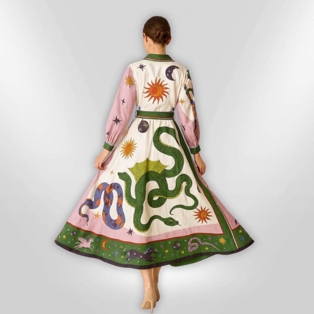 Dames Maxi Jurk Artistiek Print Viscose Met Ceintuur Lange Mouwen 2