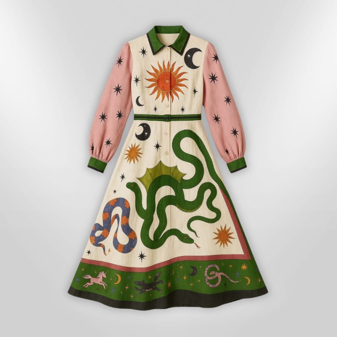 Dames Maxi Jurk Artistiek Print Viscose Met Ceintuur Lange Mouwen 3