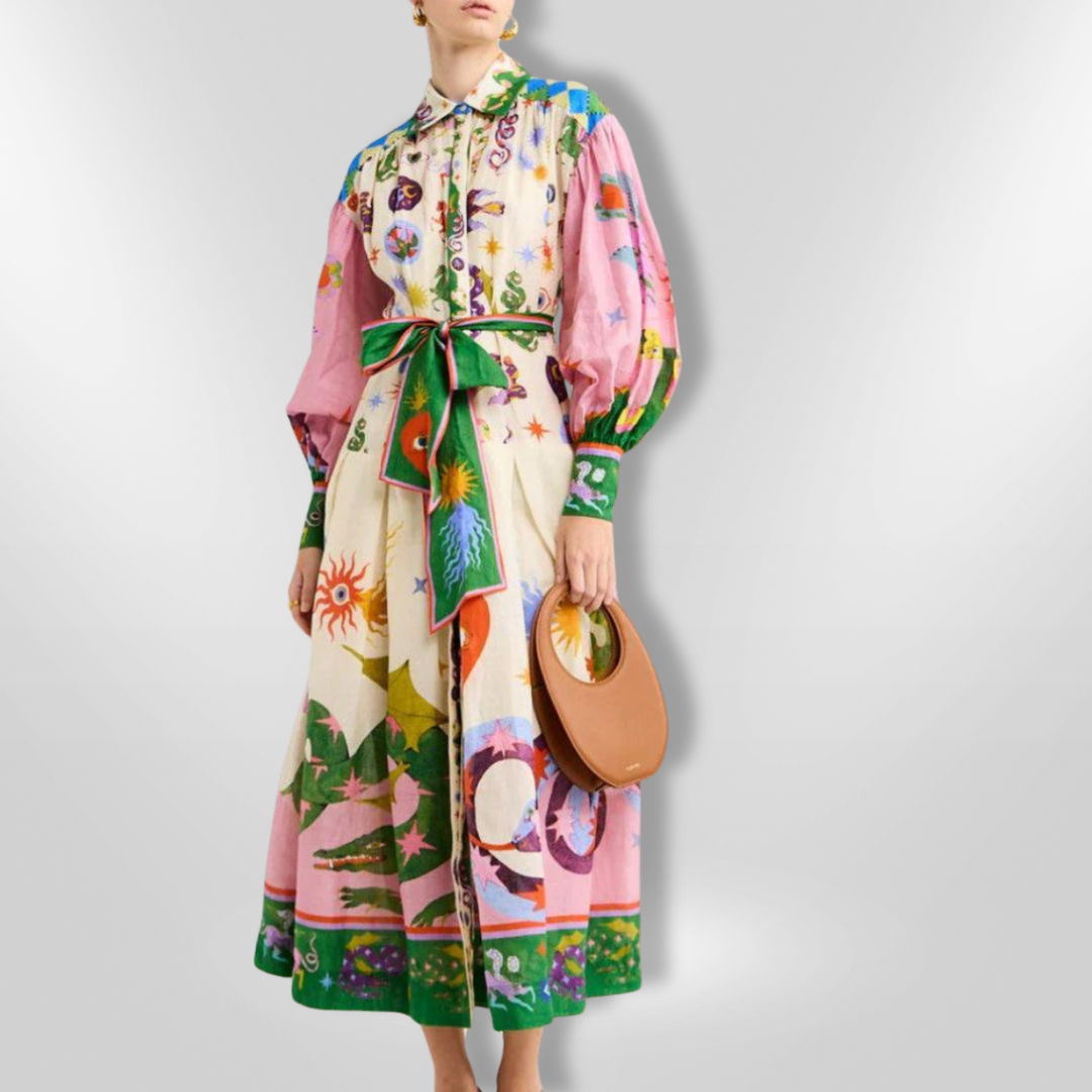 Dames Maxi Jurk Artistiek Print Viscose Met Ceintuur Lange Mouwen 6