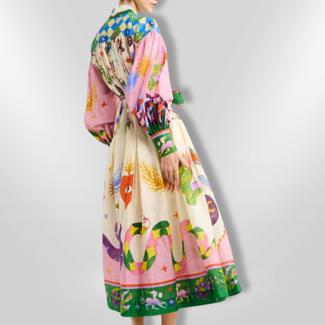 Dames Maxi Jurk Artistiek Print Viscose Met Ceintuur Lange Mouwen 7