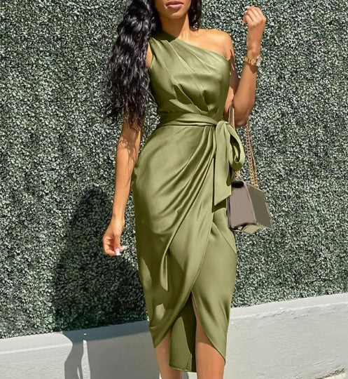 Dames Maxi Jurk Een-Schouder Satin 4