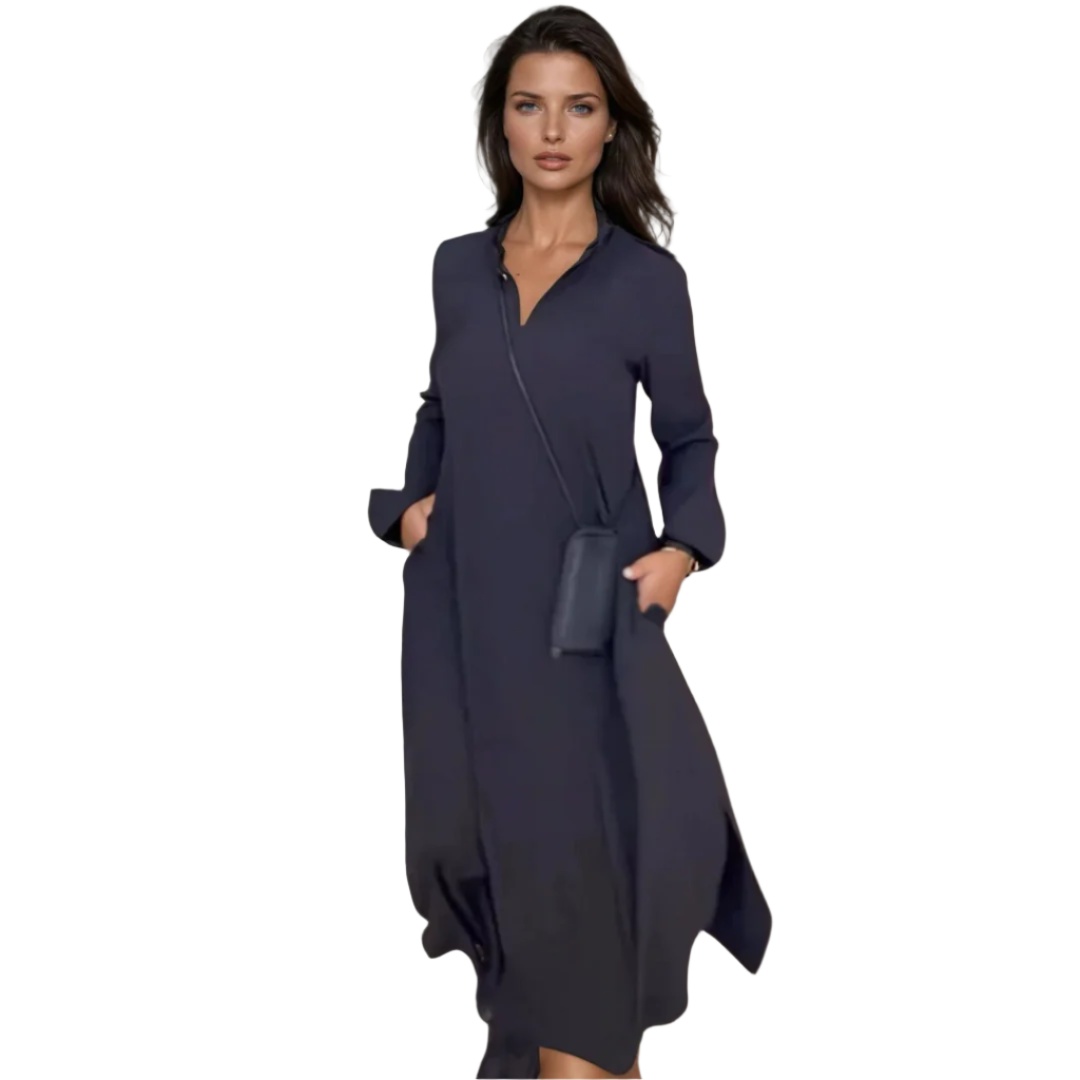 Dames Maxi Jurk Elegante Lange Mouwen Luxe Stof 0
