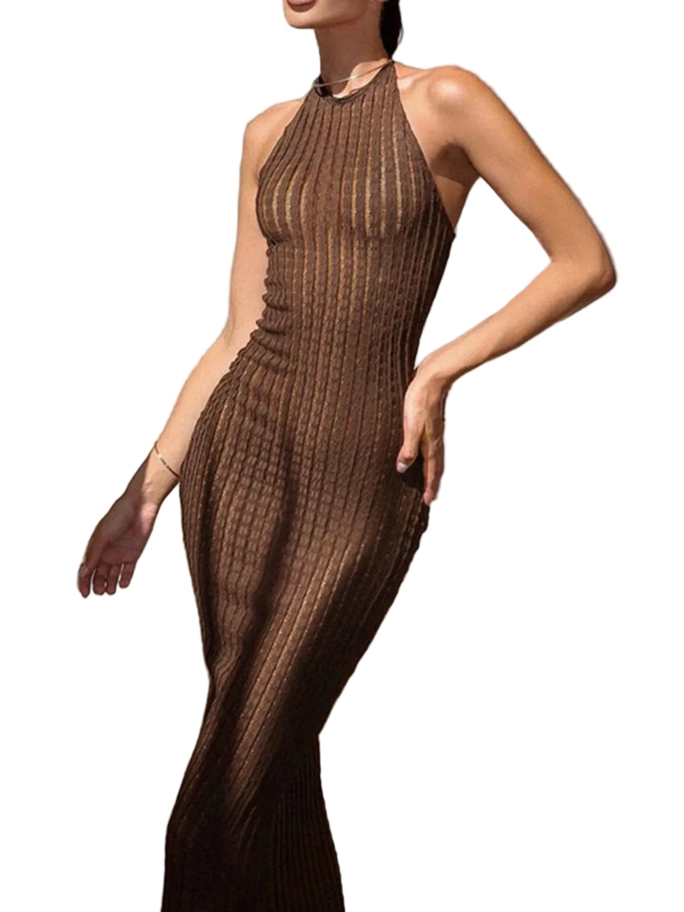 Dames Maxi Jurk Halter Nek Ribbelstof Casual Zomer Lange Jurk 0