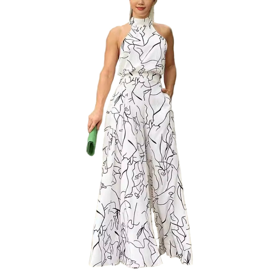 Dames Maxi Jurk Halter Neklijn Abstracte Print Ademend Materiaal 0