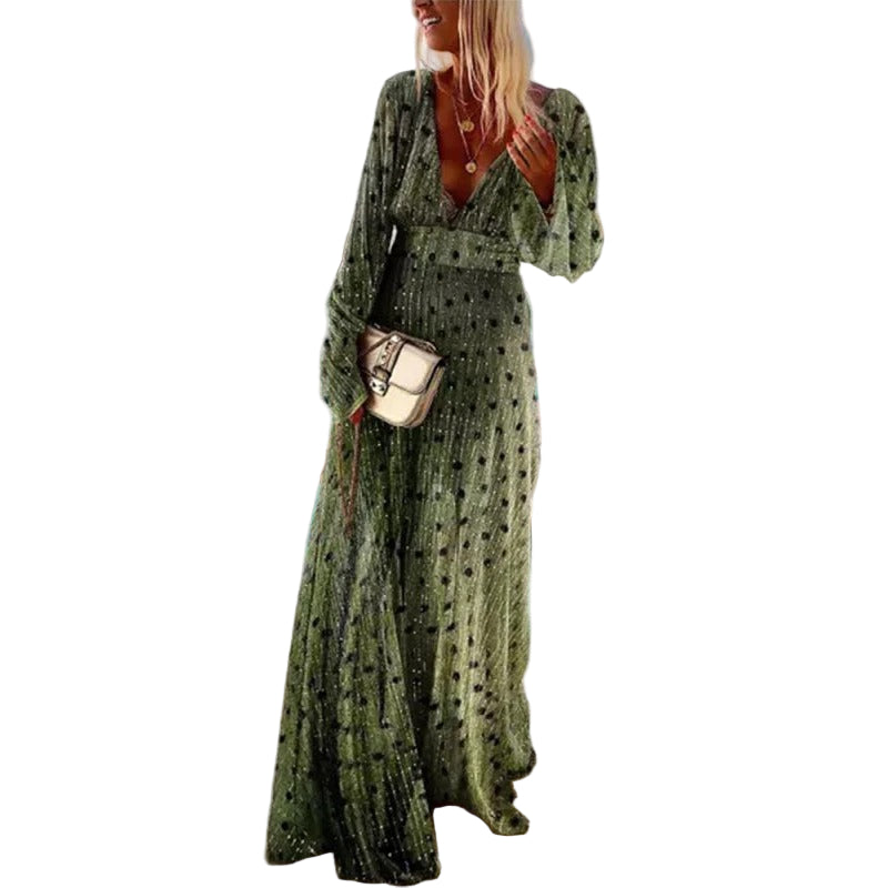 Dames Maxi Jurk Lange Mouwen met V-Hals voor Zomeroutfits 0