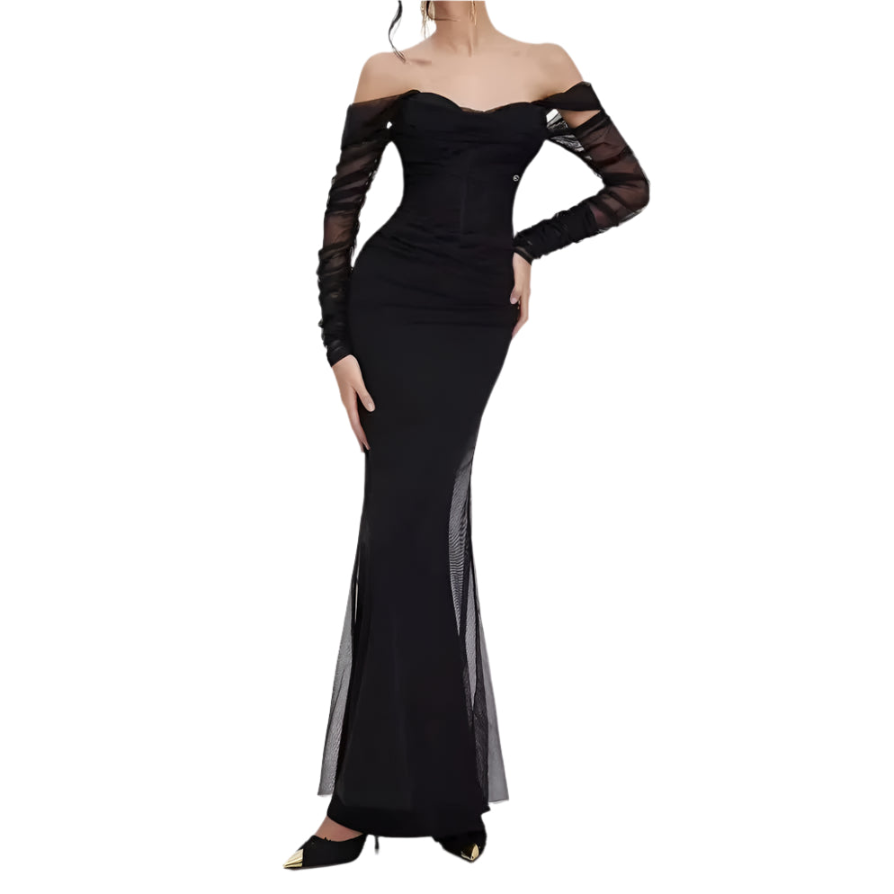 Dames Mermaid Jurk Off-Shoulder Mesh 0