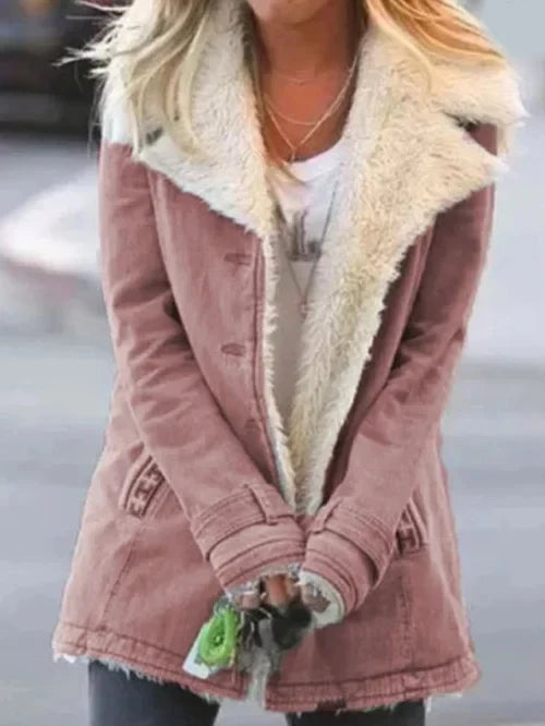 Dames Mid-Length Coat Met Faux Shearling Voering 4
