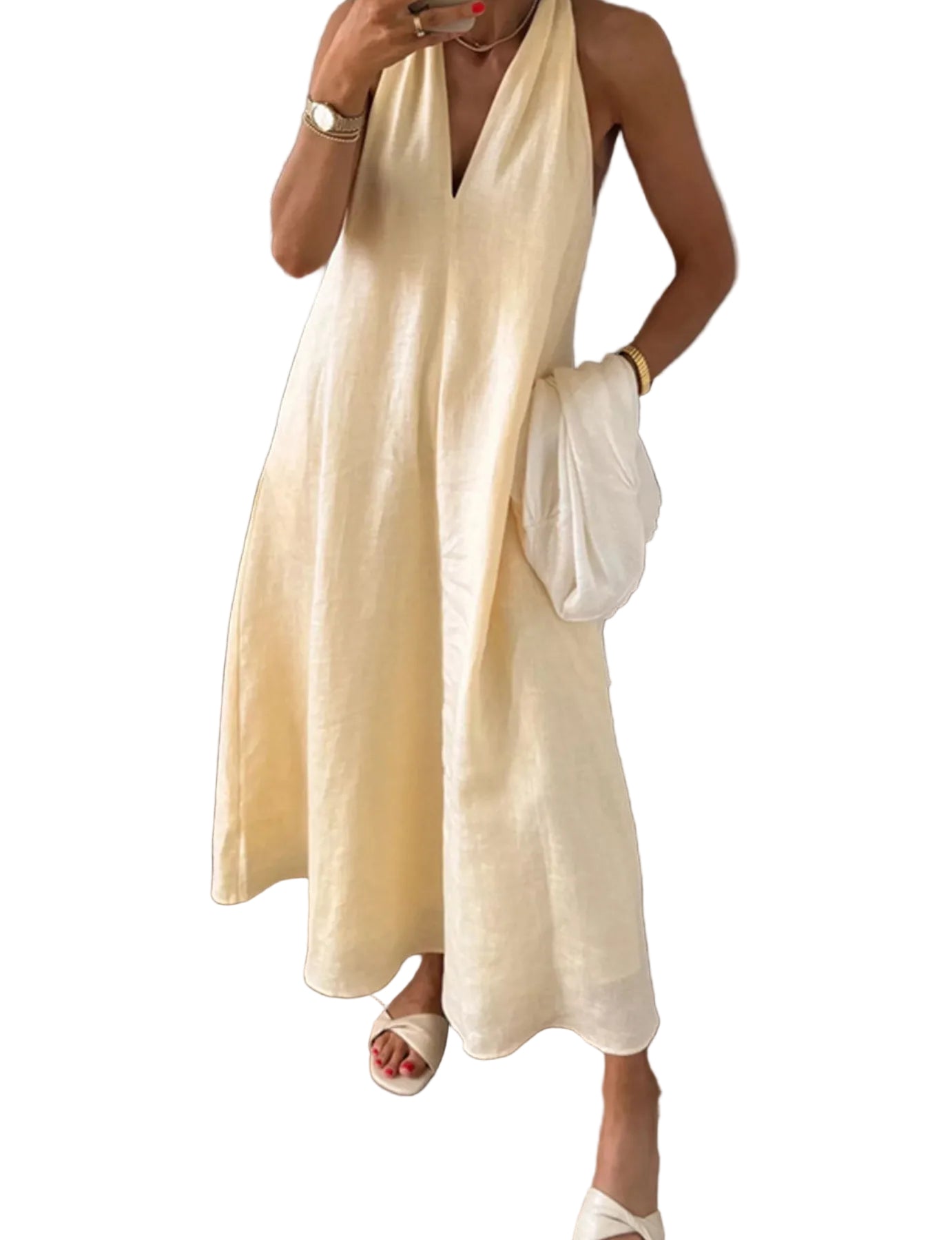 Dames Midi Jurk Halter V-Hals Linnen 100% Polyester 0