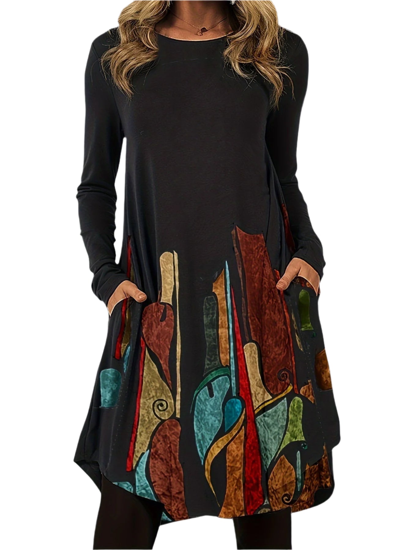 Dames Midi Jurk Met Vloeiende Pasvorm en Artistieke Prints 0