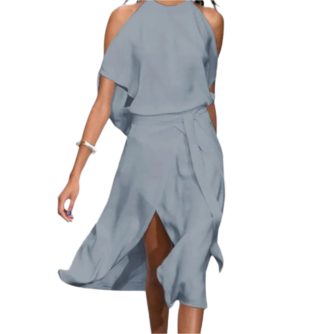 Dames Midi Jurk Open Schouders Asymmetrische Zoom Zachte Stof 0