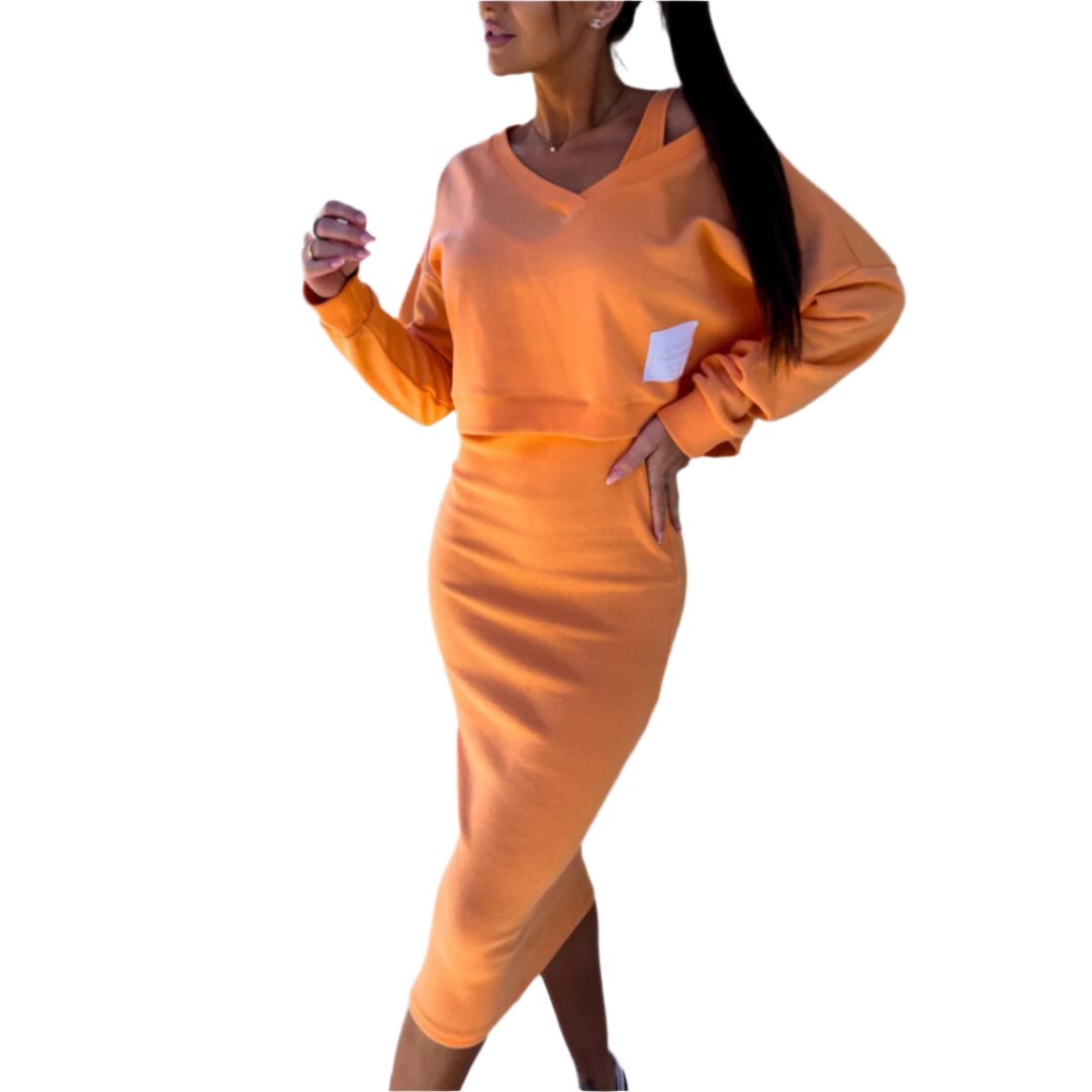 Dames Midi Jurk en Korte Sweatshirt Set 0