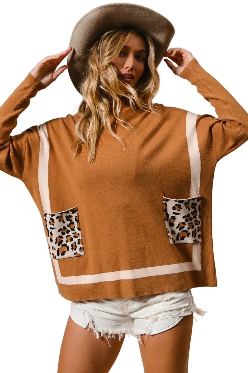 Dames Mock Neck Trui met Luipaard Pocket 0