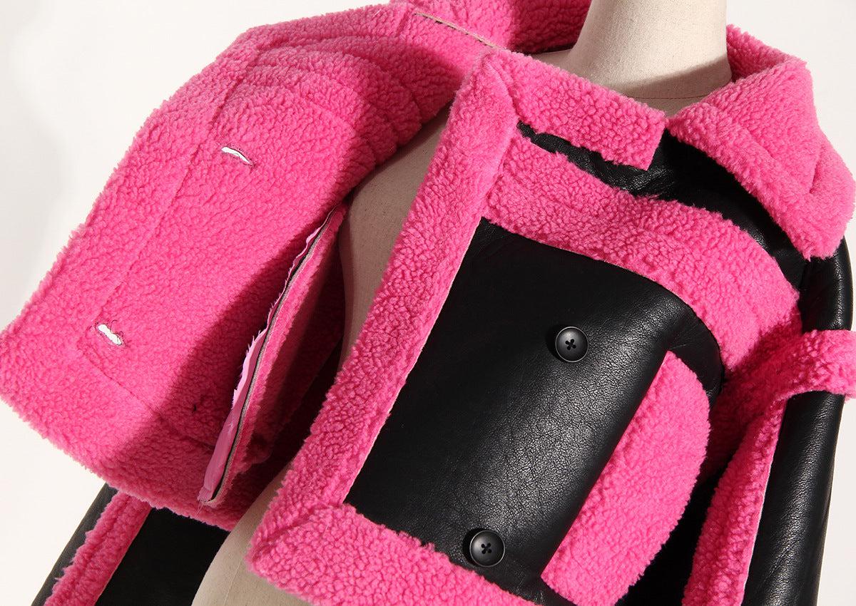 Dames Motorjack met Grote Kraag en Neppelzen in Roze Rood 3