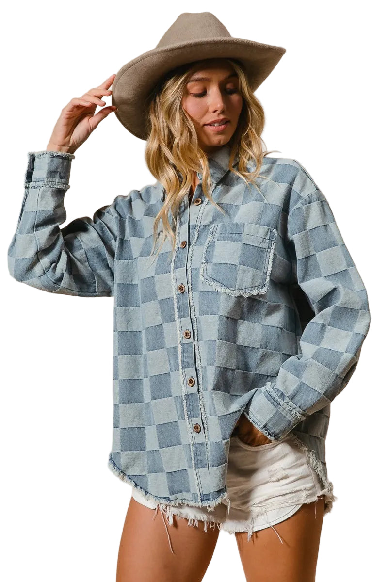 Dames Oversized Denim Blouse met Gerafelde Randen en Ruitpatroon 0