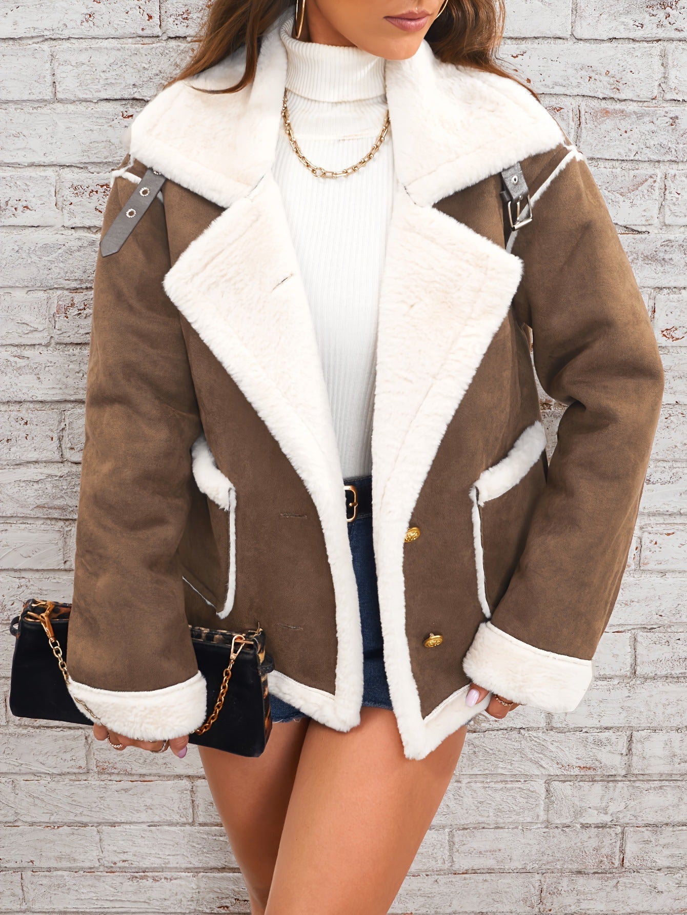 Dames Oversized Faux Fur Jacket Suede Look 5