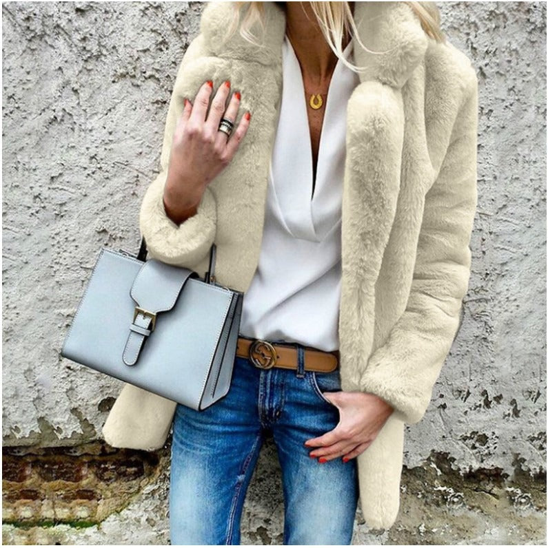 Dames Oversized Faux Fur Jas met Vouwkraag 0