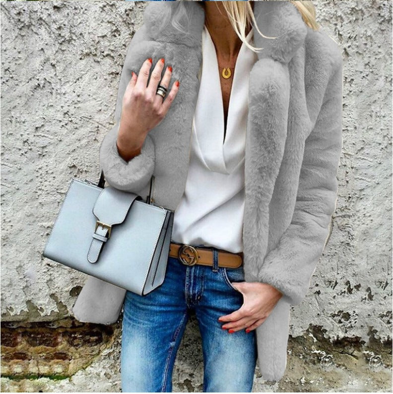 Dames Oversized Faux Fur Jas met Vouwkraag 1