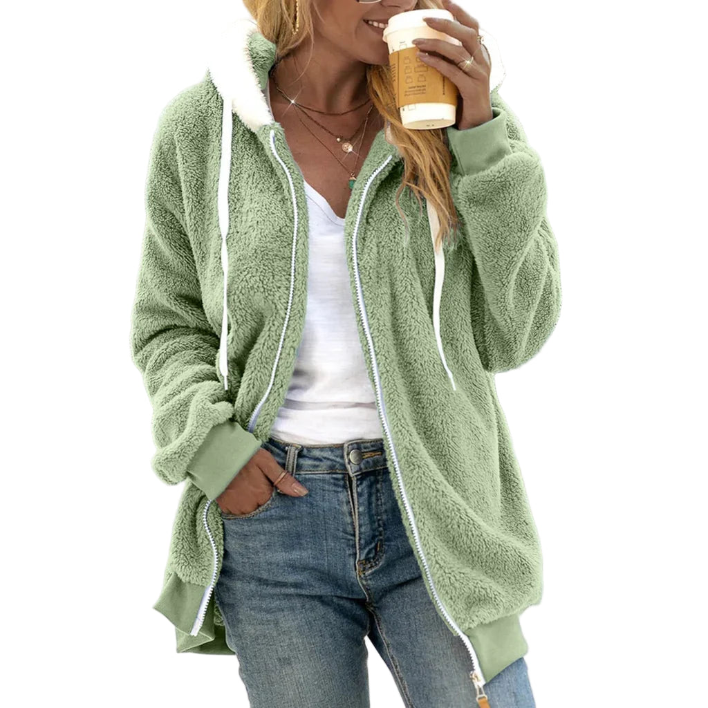 Dames Oversized Fleece Cardigan met Kap en Geribbelde Mouwen 0