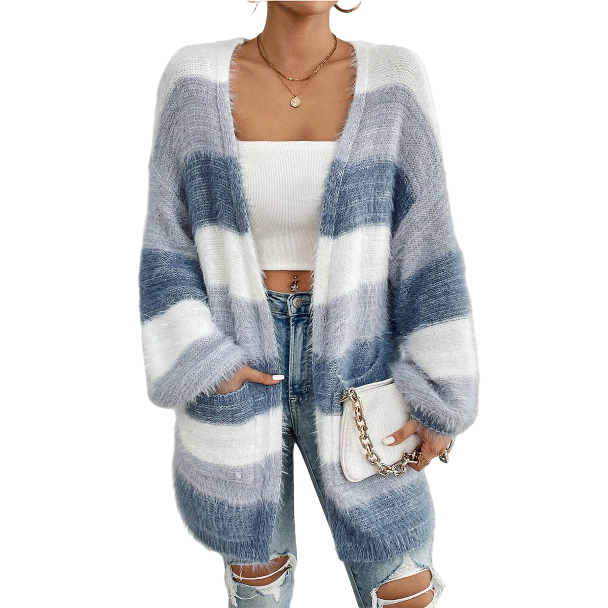 Dames Oversized Gebreide Cardigan met Gestreept Ontwerp 0