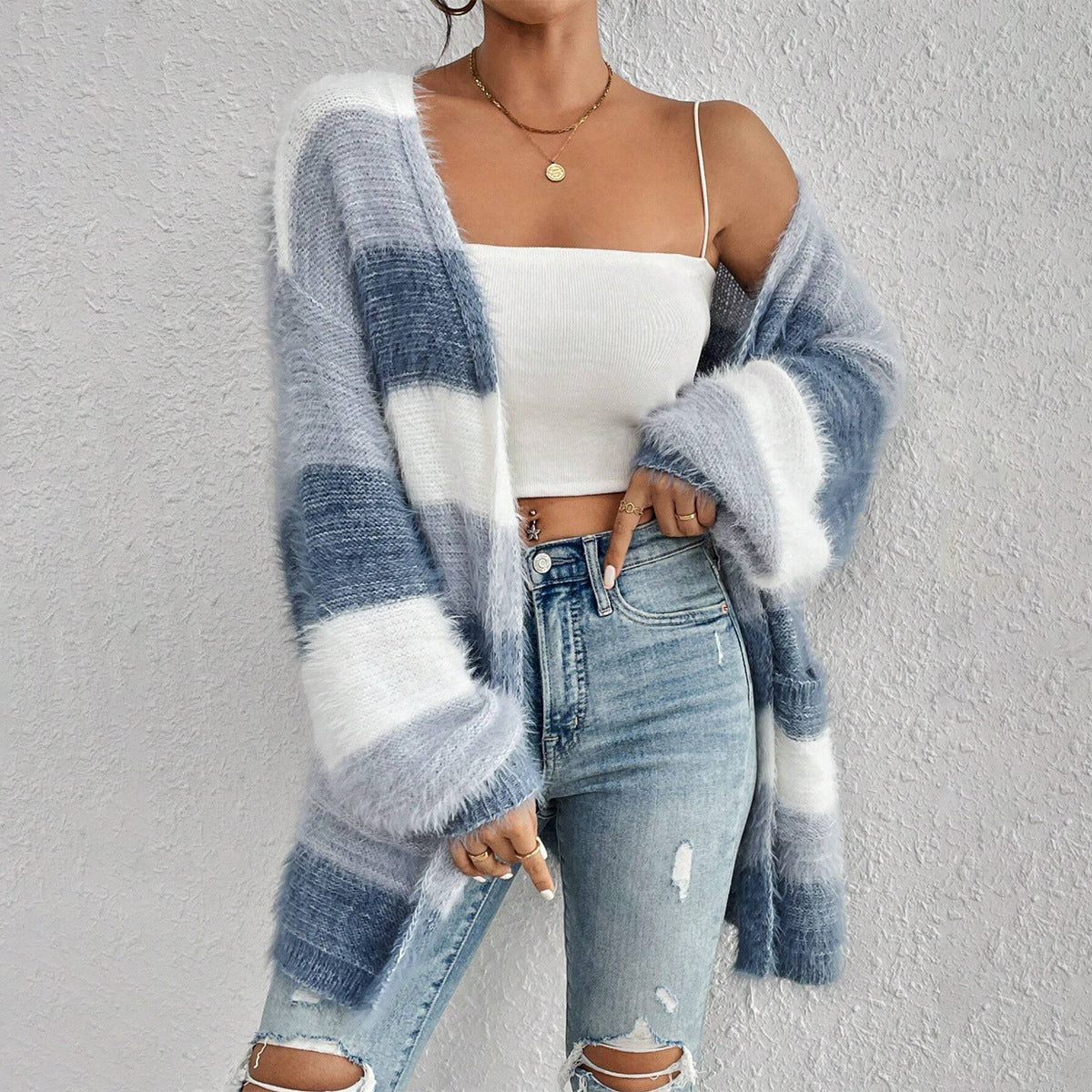 Dames Oversized Gebreide Cardigan met Gestreept Ontwerp 1