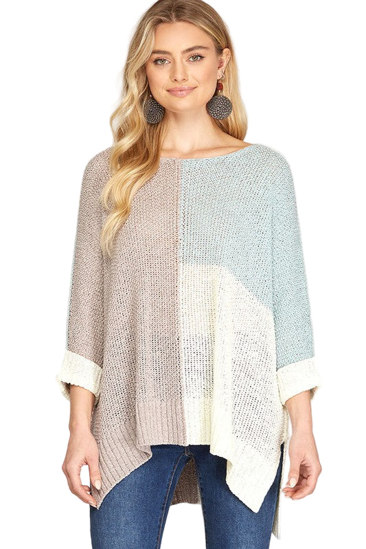 Dames Pullover Kleurblok Gebreid Grijs en Lichtblauw 0