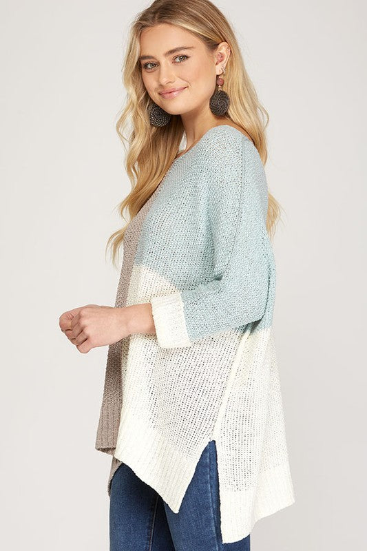 Dames Pullover Kleurblok Gebreid Grijs en Lichtblauw 1