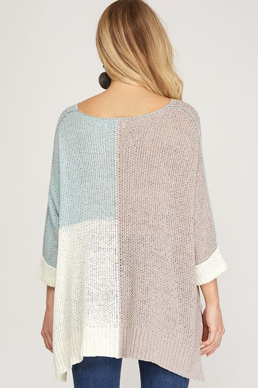 Dames Pullover Kleurblok Gebreid Grijs en Lichtblauw 2