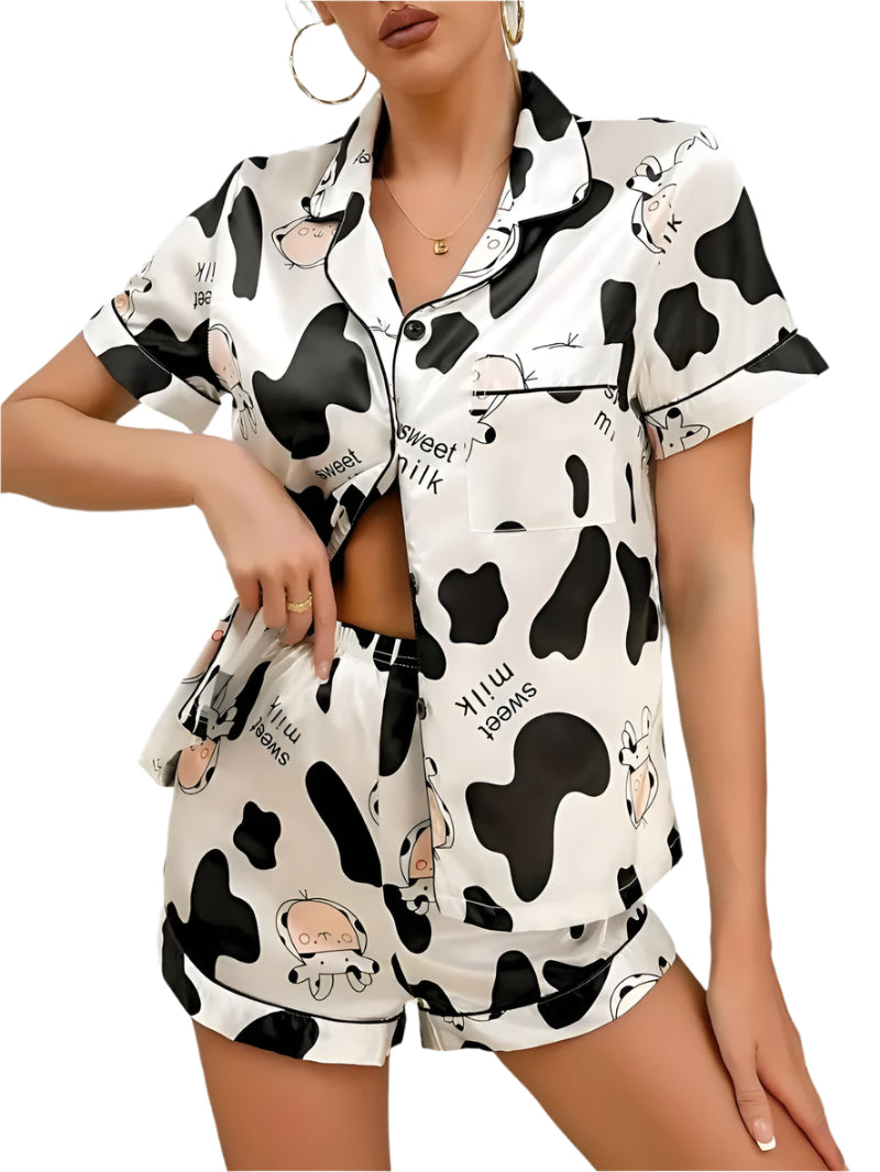 Dames Pyjama Set Satijnen Met Kraag En Elastische Taille 0