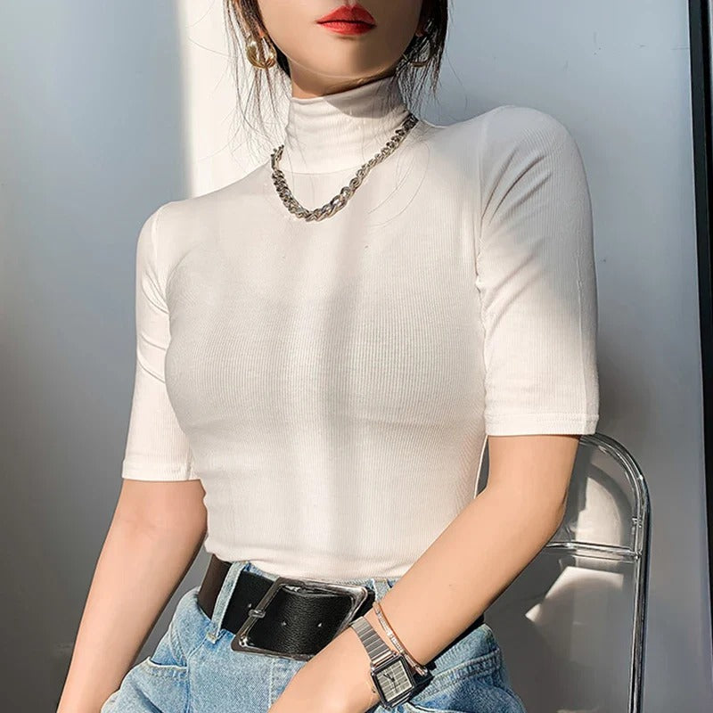 Dames Ribbel Mock Neck Top Casual Katoenmix 1