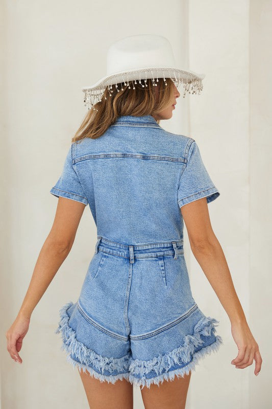 Dames Romper Denim Met Knopen en Gefranjerde Zoom 3