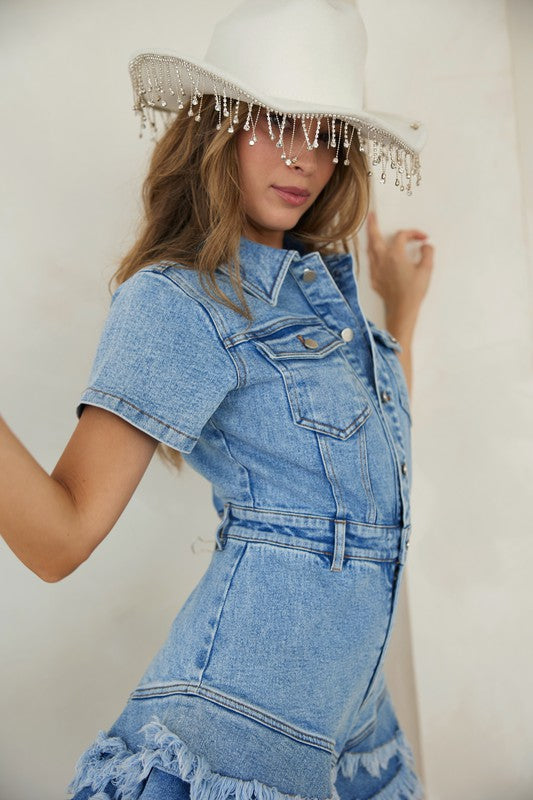 Dames Romper Denim Met Knopen en Gefranjerde Zoom 5