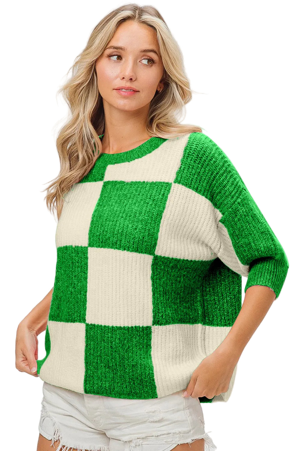 Dames Ronde Hals Trui met Geruite Contrast 1