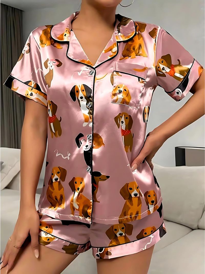 Dames Satijnen Pyjama Set met Puppy Print 1