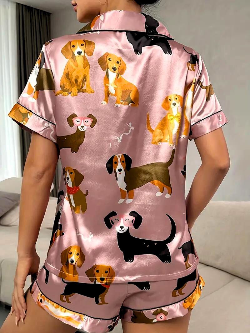 Dames Satijnen Pyjama Set met Puppy Print 2