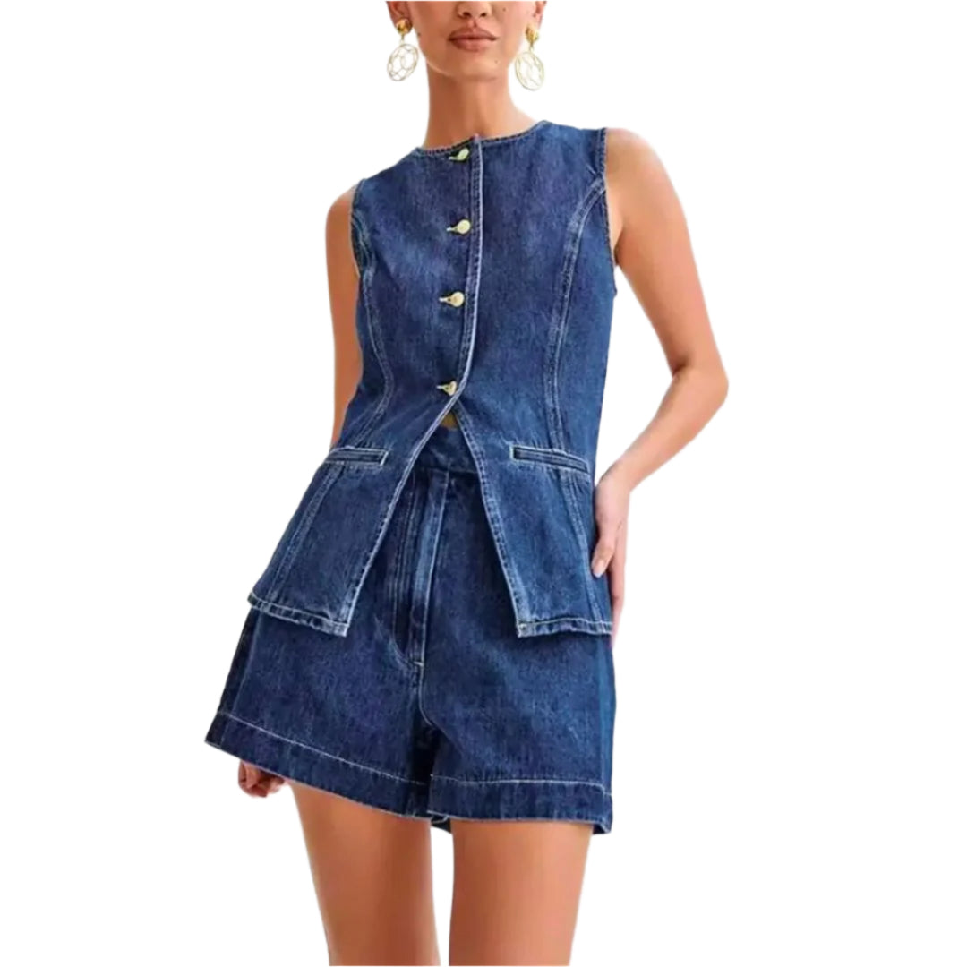 Dames Set Mouwloos Denim Hoge Taille Shorts Casual 0