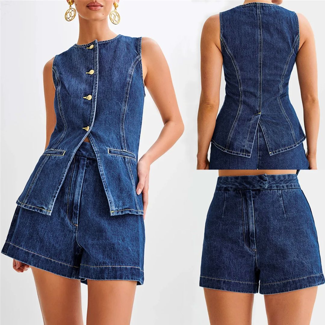 Dames Set Mouwloos Denim Hoge Taille Shorts Casual 1