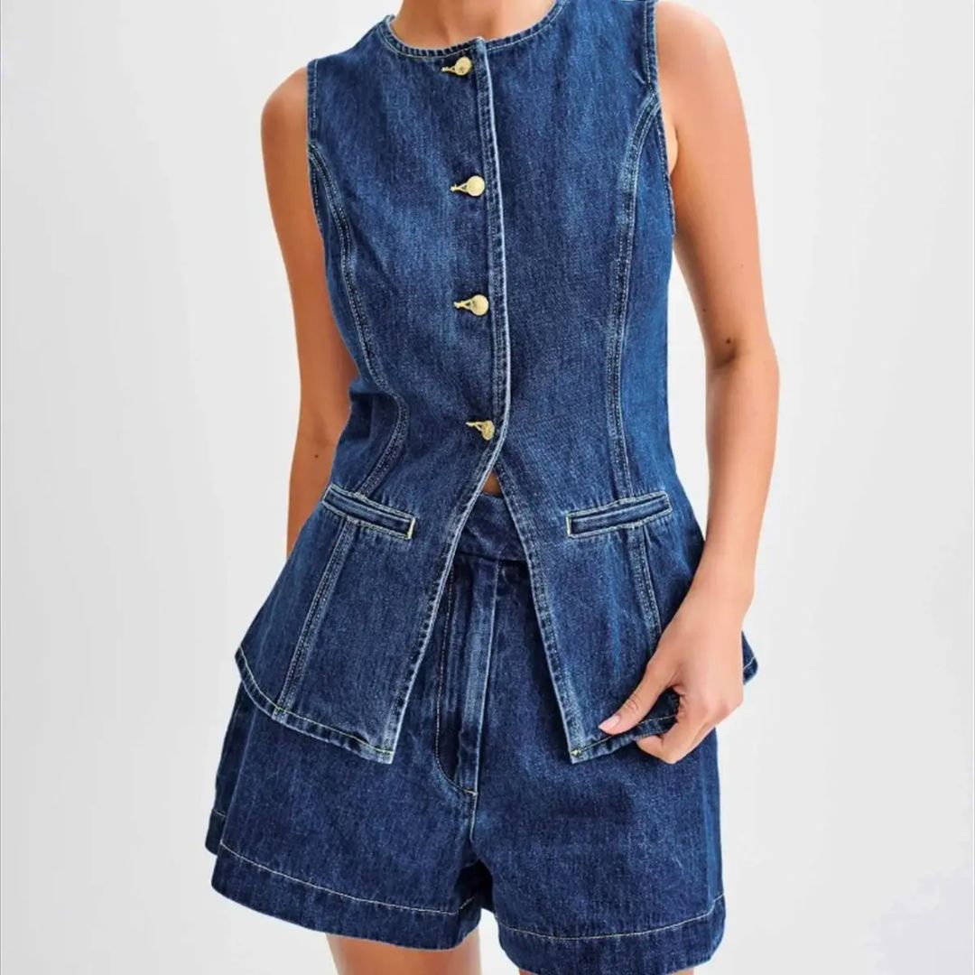 Dames Set Mouwloos Denim Hoge Taille Shorts Casual 2