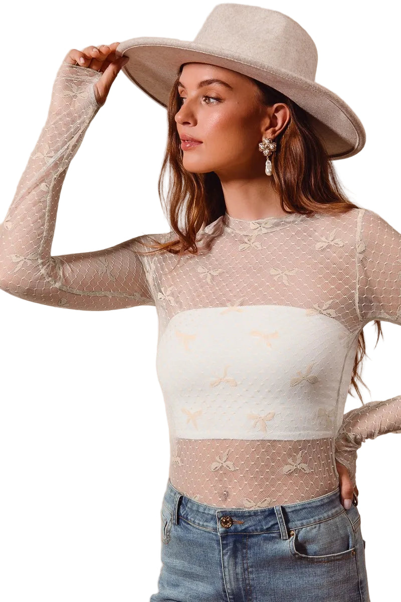 Dames Sheer Lace Top met Strikpatroon 0