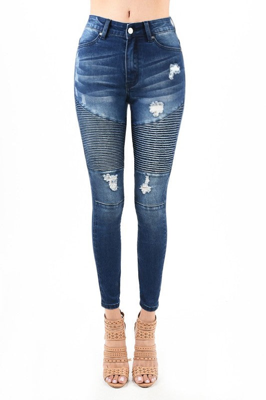 Dames Spijkerbroek Hoog Taille Skinny Destroyed Denim Moto 0