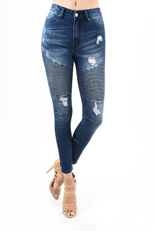 Dames Spijkerbroek Hoog Taille Skinny Destroyed Denim Moto 1