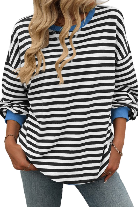 Dames Sweatshirt Met Ronde Hals Gestreept Zwart Wit 0