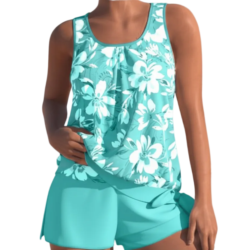 Dames Tankini Set met Bloemmotief en Tweekleurig Design 0