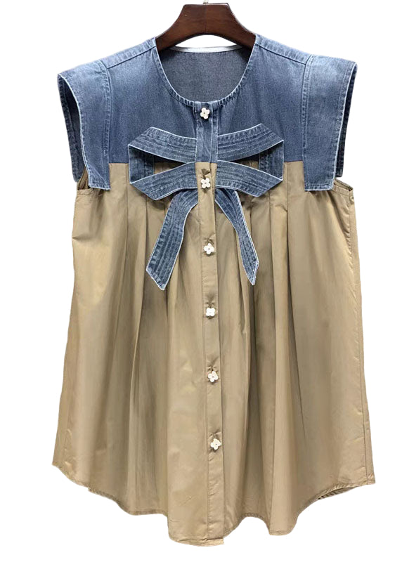 Dames Top Kaki Denim met Strik en Patchwork Casual 0