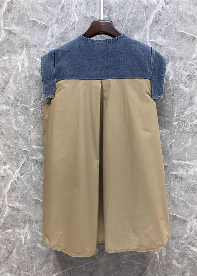 Dames Top Kaki Denim met Strik en Patchwork Casual 1